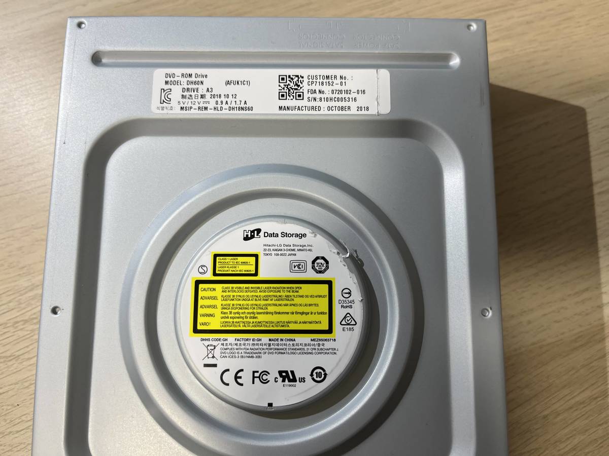 【動作確認済】日立LGデータストレージ製 5インチタイプ内蔵用 DVD-ROMドライブ SATA接続 DH60N 黒色ベゼル