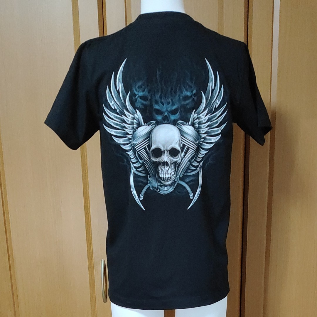 ROCK EAGLE「死神ライダー」半袖TシャツS-M 黒 鎌を持った白髪の死神 オートバイ エンジン ツイン ロックイーグル 