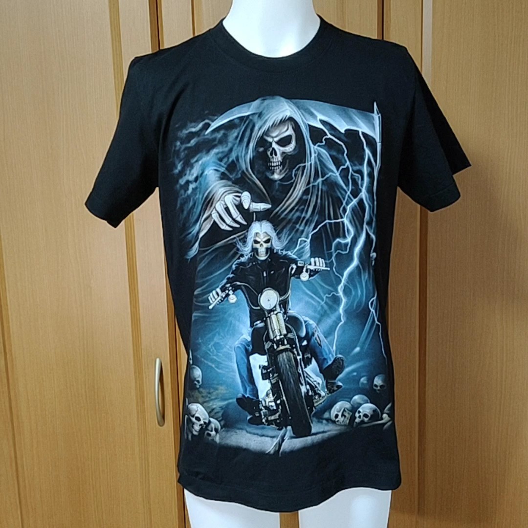 ROCK EAGLE「死神ライダー」半袖TシャツS-M 黒 鎌を持った白髪の死神 オートバイ エンジン ツイン ロックイーグル