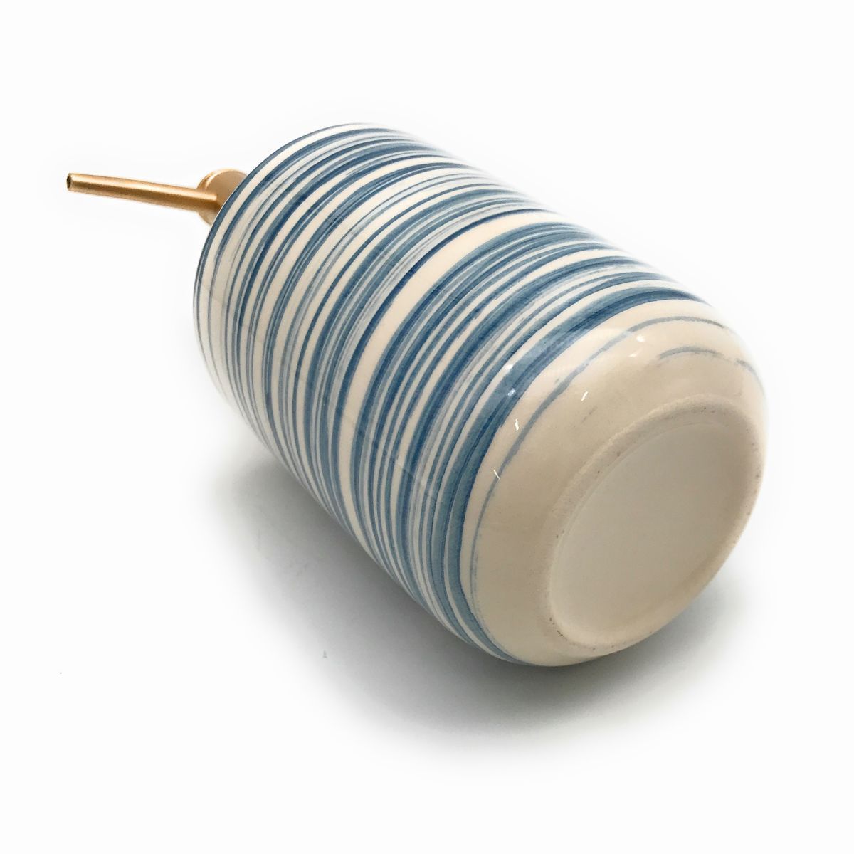 ソープディスペンサー 横縞模様 手書き風 シンプル 円筒 陶器製 (ブルー)_画像5