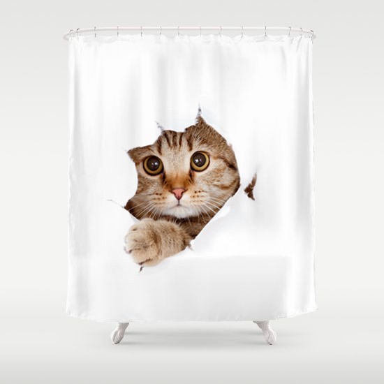 シャワーカーテン 穴からのぞく猫の顔 3D風 リアル_画像1