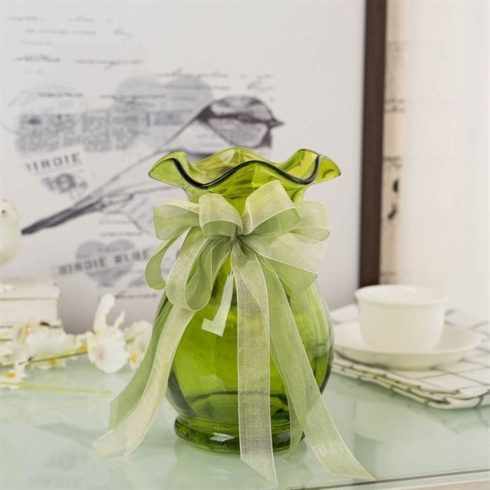 フラワーベース 花瓶 レトロ風 単色クリア ガラス製 リボン付き (小サイズ, グリーン)_画像3