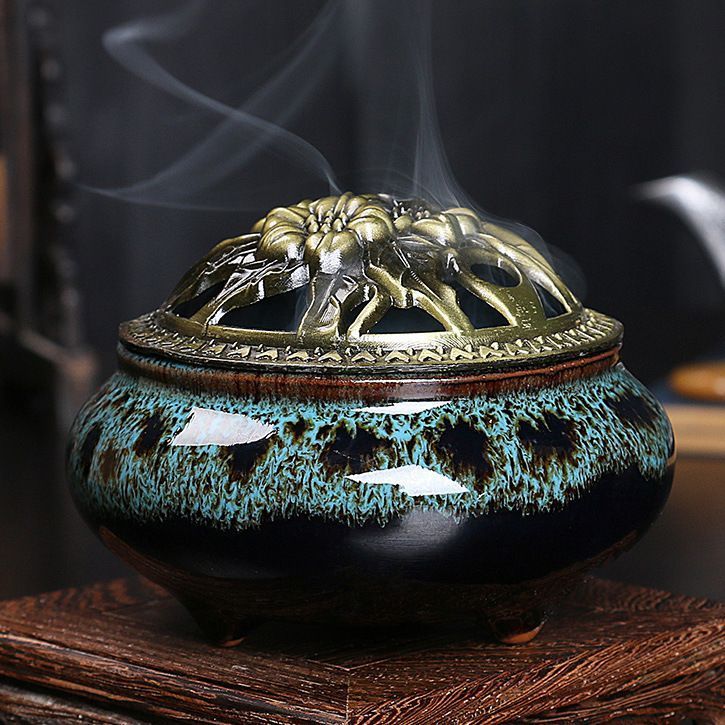 香炉 アンティークモダン風 シックな色合い 陶器製 蓋 お香立て付き (グリーン)_画像5