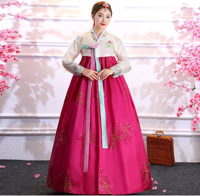 コスプレ チマチョゴリ 民族衣装 韓国風 ラメ スパンコールの装飾 上下2点セット (ローズ)