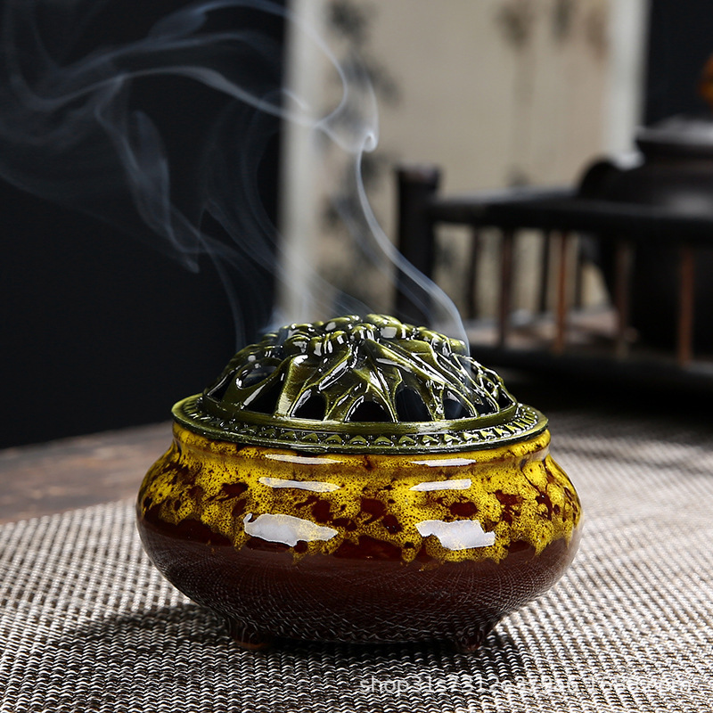 香炉 アンティークモダン風 シックな色合い 陶器製 蓋 お香立て付き (イエロー)_画像5