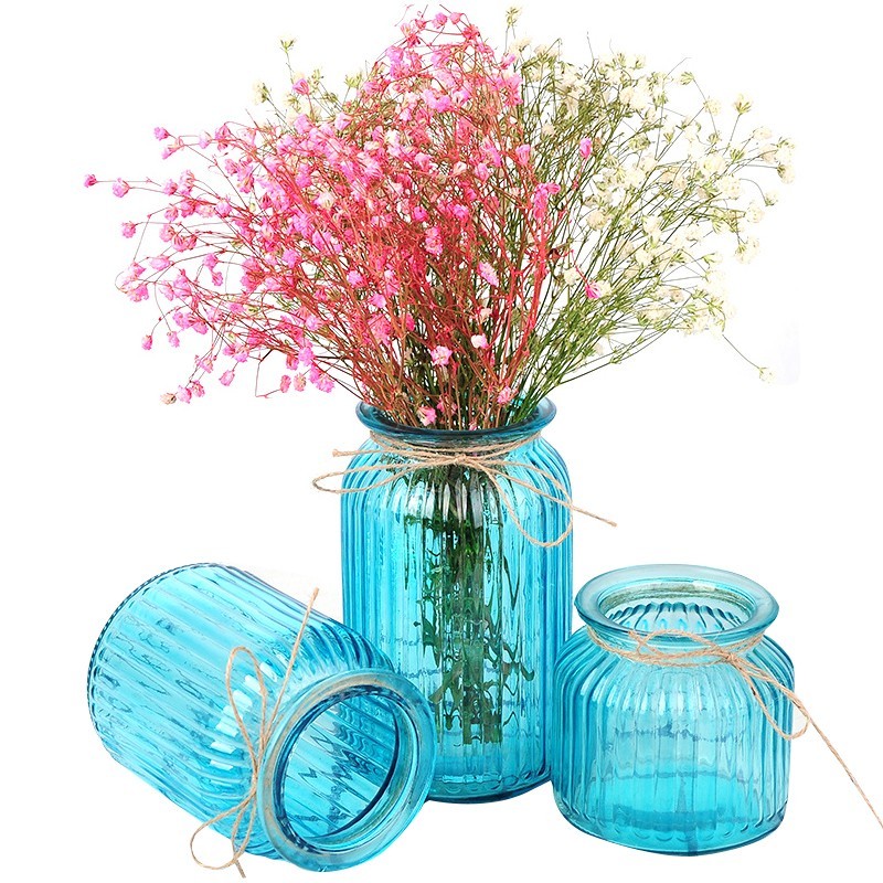 フラワーベース 花瓶 シンプル レトロ風 ガラス製 筒型 麻ひも付き (ブルー, 3サイズセット)