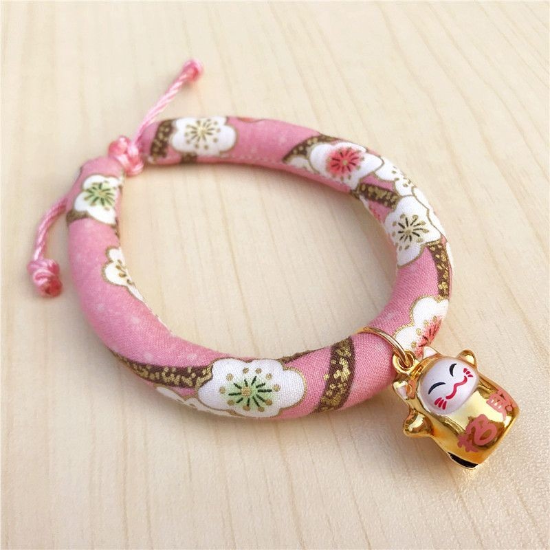  necklace cat for crepe-de-chine Japanese style peace pattern maneki-neko. bell attaching ( pink, S size )