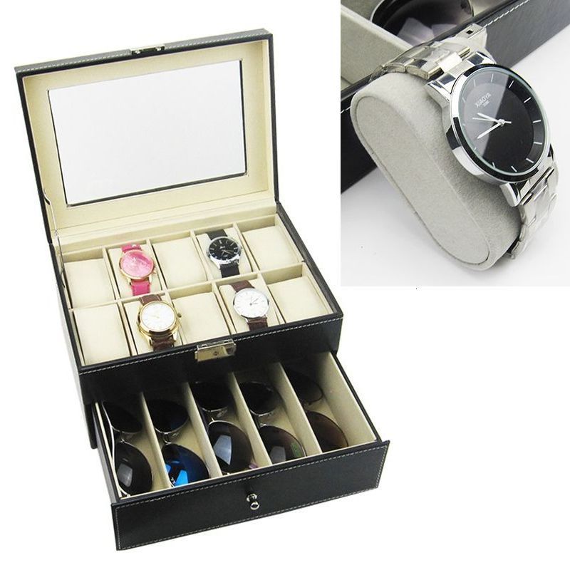  wristwatch & glasses storage box glass made window attaching 2 step high capacity wristwatch 10ps.@ glasses 5ps.
