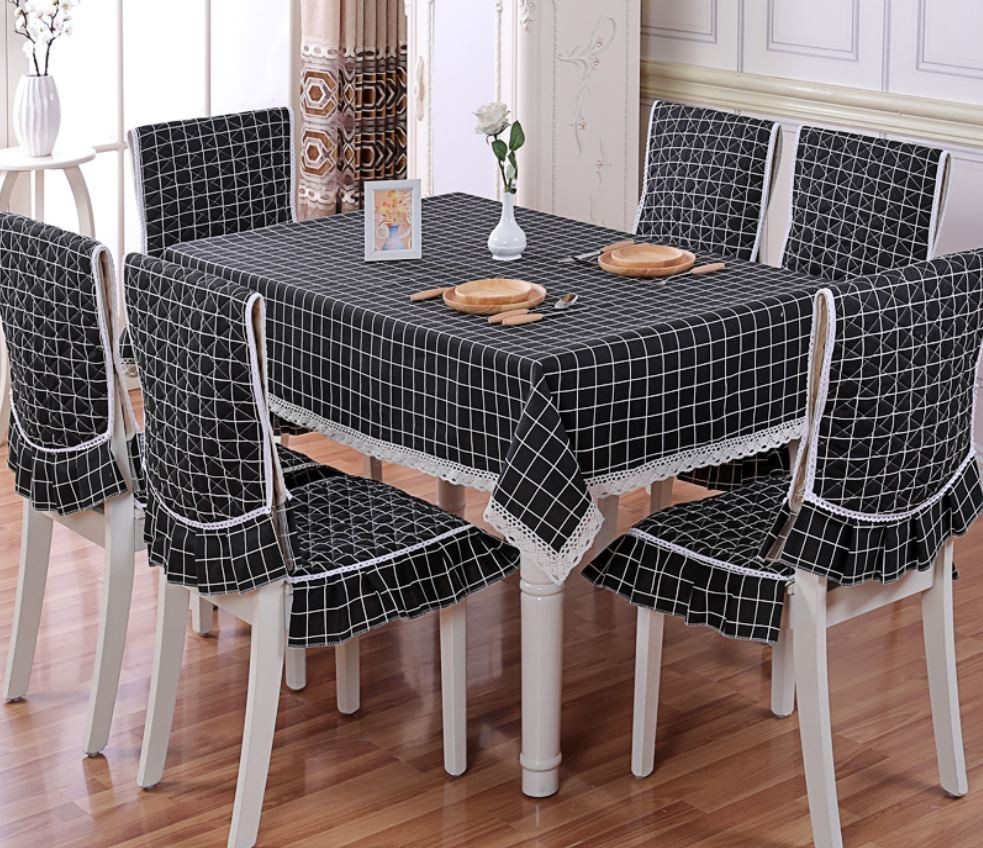 人気ブランドの新作 テーブルクロス 椅子カバー セット グラフチェック柄 フリル付き シンプル 6脚用 (ブラック) テーブルクロス