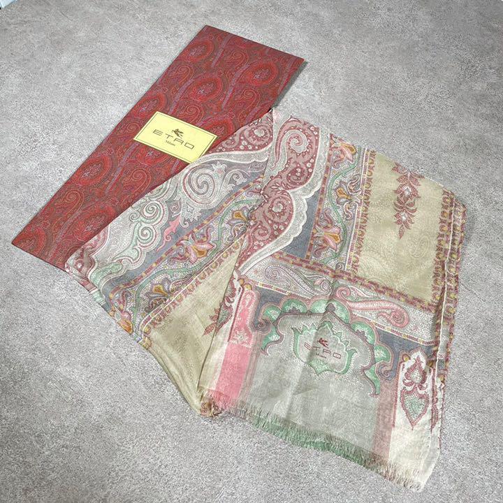 未使用 ETRO エトロ ストール ペイズリー シルク 100% シアー レッド