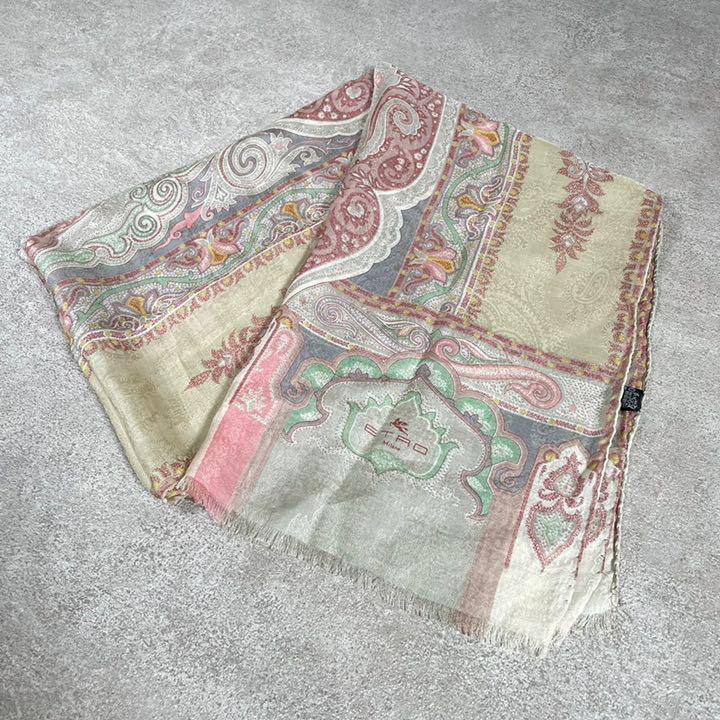 未使用 ETRO エトロ ストール ペイズリー シルク 100% シアー レッド