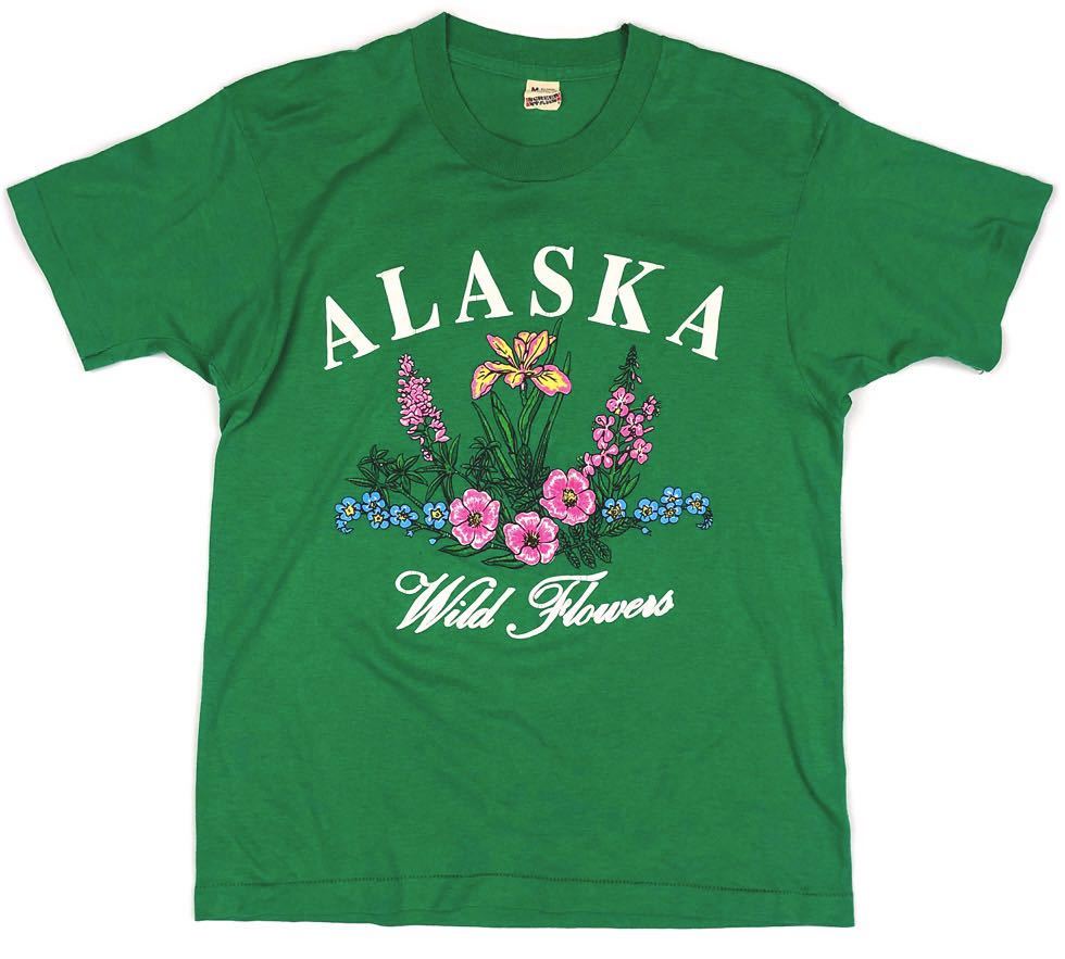 80s USA スクリーンスターズ ALASKA アラスカ ワイルドフラワー プリント Tシャツ M 緑 グリーン 丸胴 シングル アメリカ ビンテージ 古着