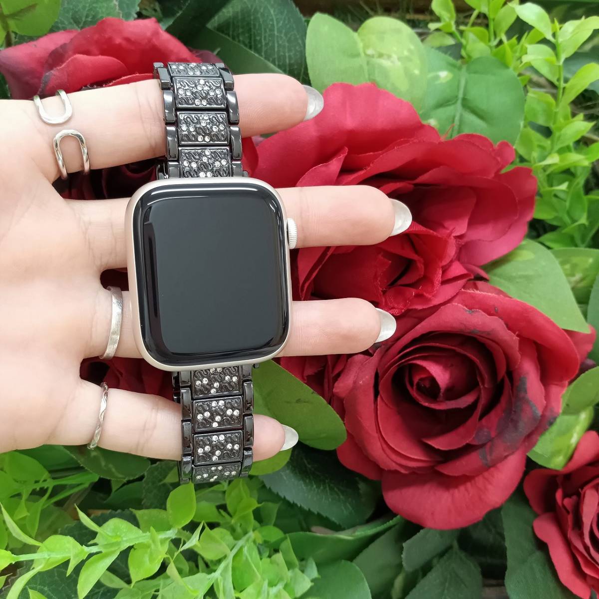 アップルwatch シルバーダイヤカバー キラキラ ブラックレザーバンド 5年保証