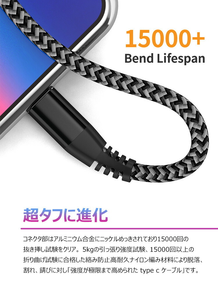 USB TypeC 充電ケーブル L字 1ｍ QC3.0 60W 3A グレー