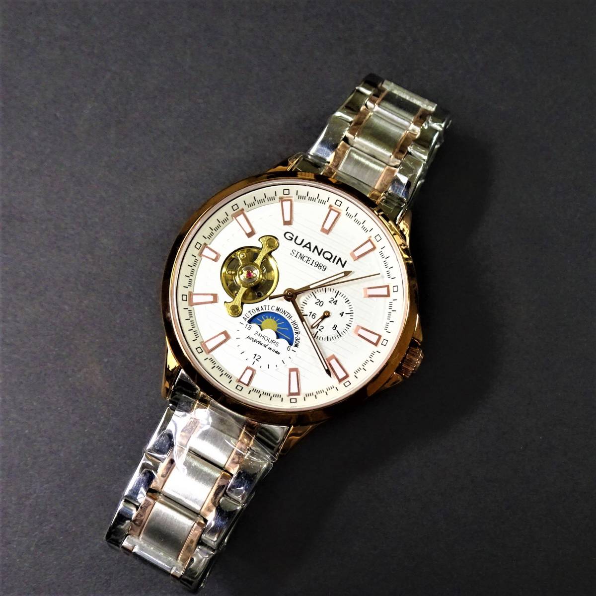 未使用・新品・GUANQINブランド・トゥールビヨンデザインautomatic機械式腕時計・ステンレス製コンビカラーモデル_画像8