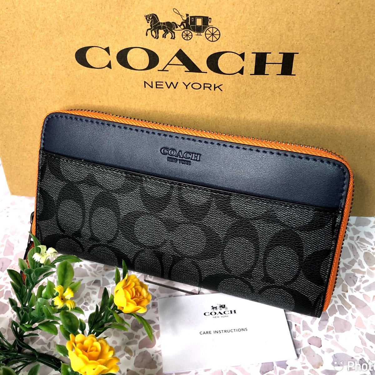 COACH コーチ 長財布 シグネチャー グレー オレンジ メンズ - メンズ