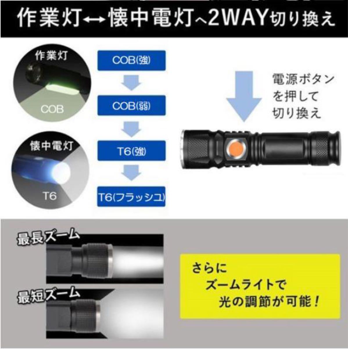 ハンディライト LED USB充電 ズーム付き 超強光 作業灯 マグネット