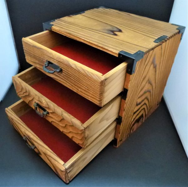 D1☆ 天然木焼杉小引き出し3段書類箱収納箱小物入れ道具箱木工芸和箪笥