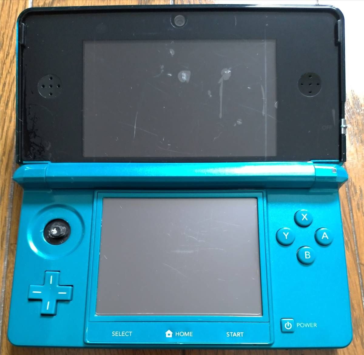 ニンテンドー3DS NINTENDO 3DS アクアブルー ジャンク扱い 裏蓋なし バッテリーなし 充電箇所破損 ボタン等に不具合なし 本体のみ 送料無料