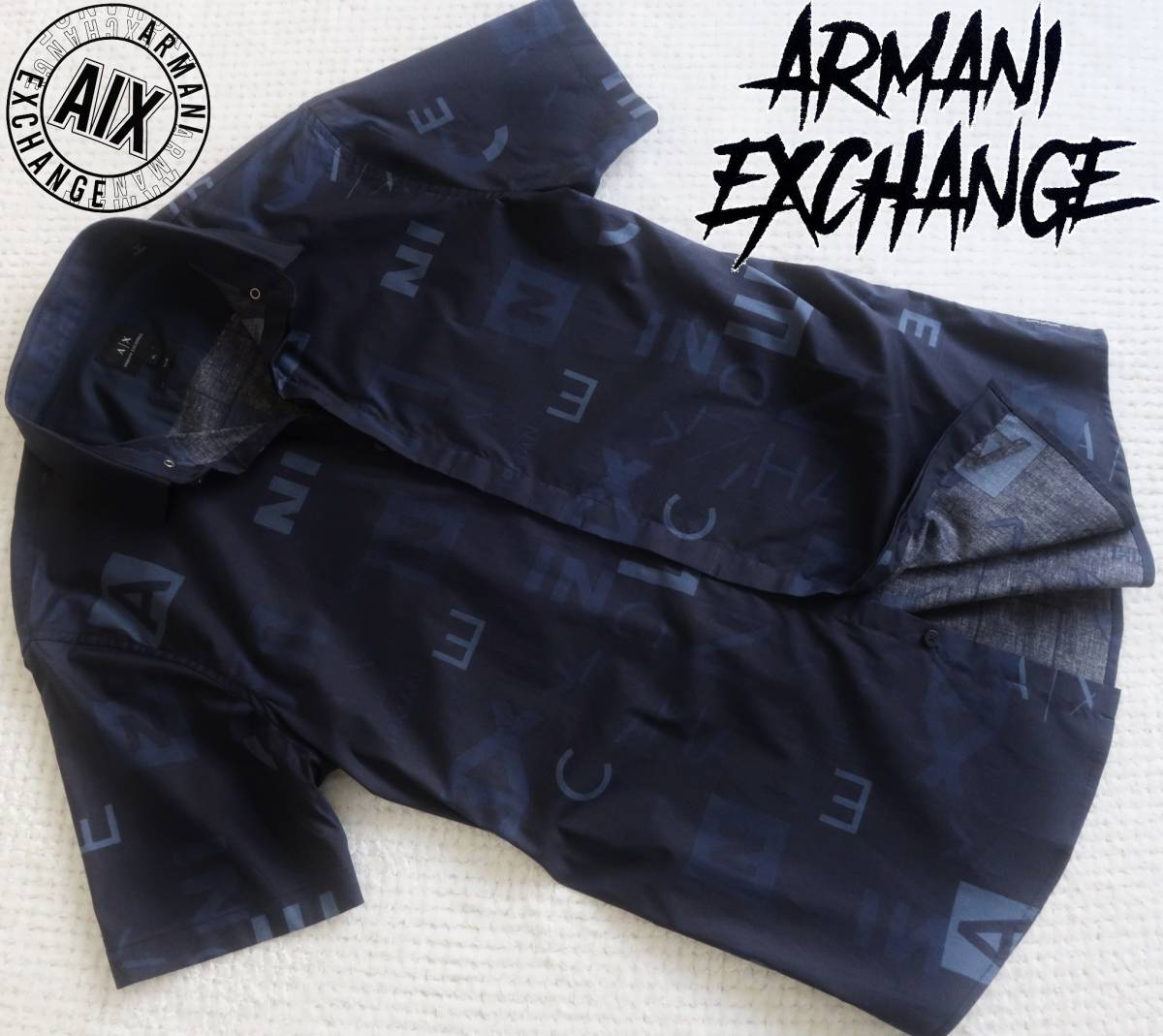 新品☆アルマーニ☆総柄 ネイビー 半袖シャツ☆ストレッチ スリム