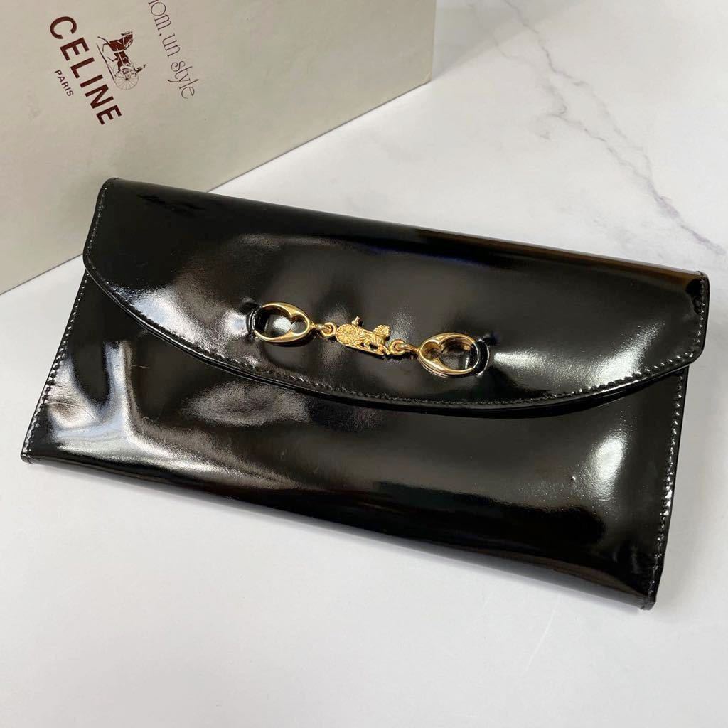 ☆CELINE セリーヌ 美品 ヴィンテージ 馬車金具 エナメル 折り 長財布