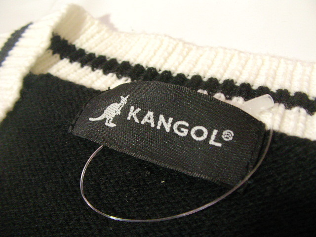 ssy4736 KANGOL ニット プルオーバー ブラック ■ Vネック ■ ライン ワンポイント刺繍 綿混素材 カンゴール_画像8