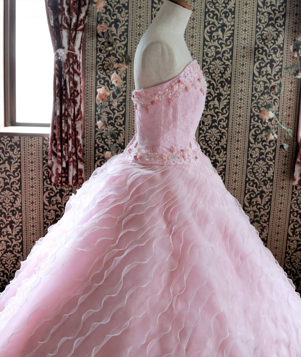 可愛いピンクオーガンジー生地のフェミニンな高級ウエディングドレス7号8号Sサイズ☆カラードレス_画像8