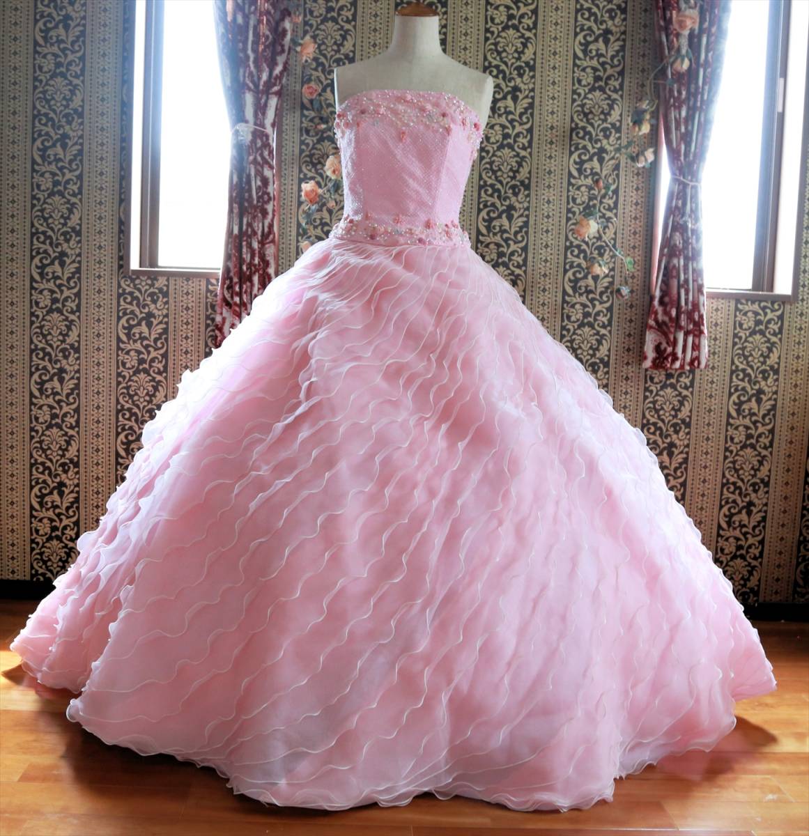 可愛いピンクオーガンジー生地のフェミニンな高級ウエディングドレス7号8号Sサイズ☆カラードレス_画像1