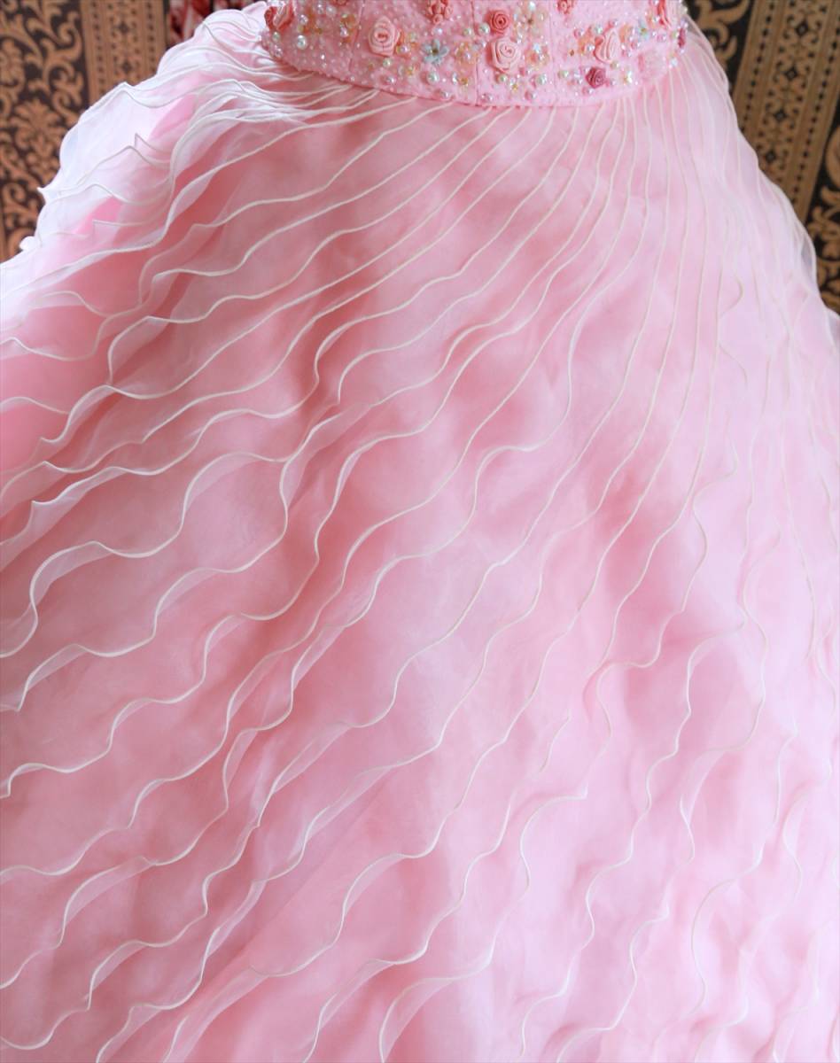 可愛いピンクオーガンジー生地のフェミニンな高級ウエディングドレス7号8号Sサイズ☆カラードレス_画像10