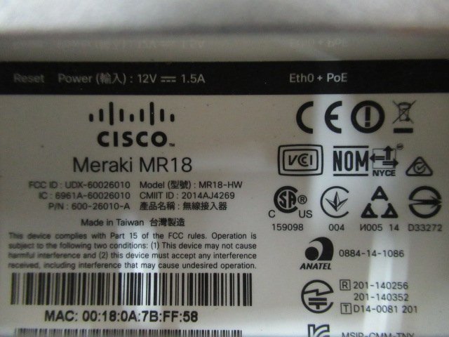 ▲Ω YF 3258 ∞ 保証有 Cisco アクセスポイント【 Meraki MR18-HW 】 PoE給電 通電OK ・祝10000！取引突破！_画像7