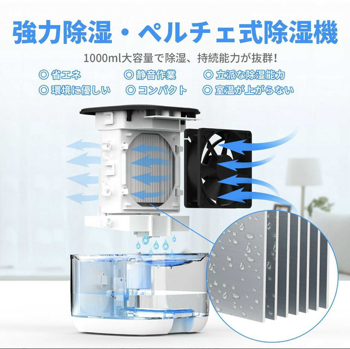 KLOUDIC 除湿機 小型 コンパクト 除湿器 1000ml大容量 ペルチェ式 省エネ 強力除湿 梅雨対策 部屋干し カビ対策 自動停止機能 7色ランプ_画像3