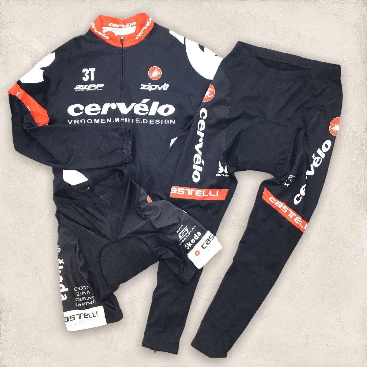 ■【３枚セット】CASTELLI（カステリ）サイクル ジャージ ウェア サイクリング サーヴェロ 長袖 パンツ長・短 サイズ:M/S 黒×赤■_画像1