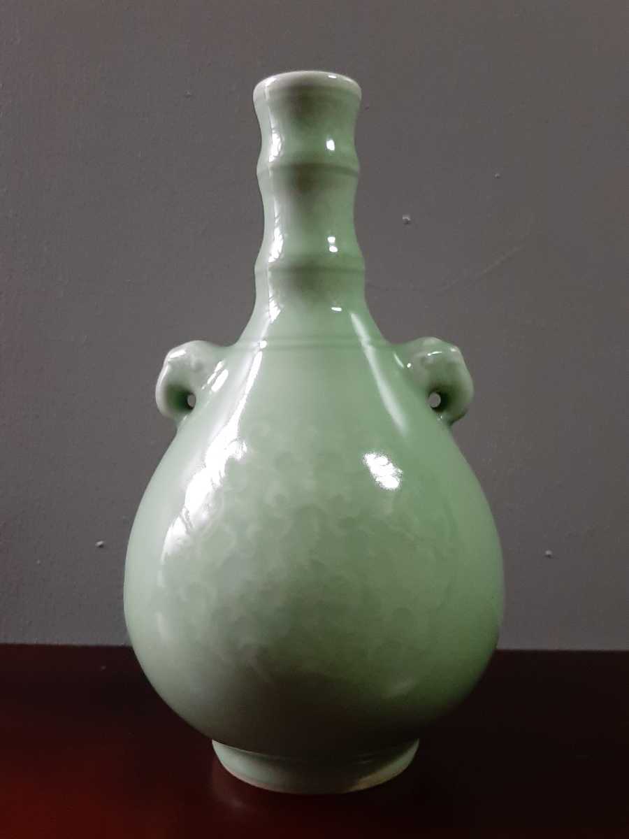 大清乾隆年製 浮文 双耳 青磁 花器 花瓶 h24cm /中国美術 古玩 茶道具