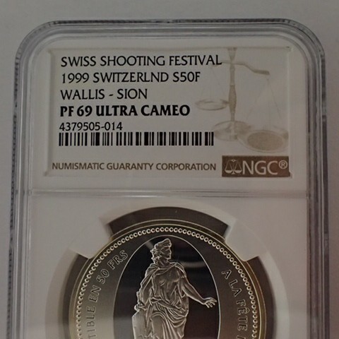 スイス 1999年 現代射撃祭 50Fr 銀貨 NGC PF69UC