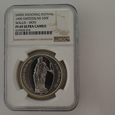 スイス 1999年 現代射撃祭 50Fr 銀貨 NGC PF69UC