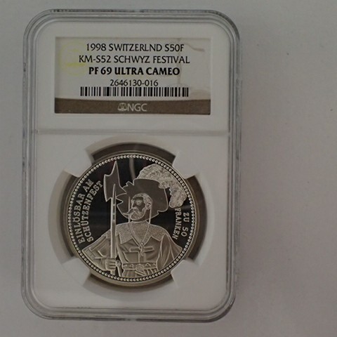 スイス 1998年 現代射撃祭 50Fr 銀貨 NGC PF69UC