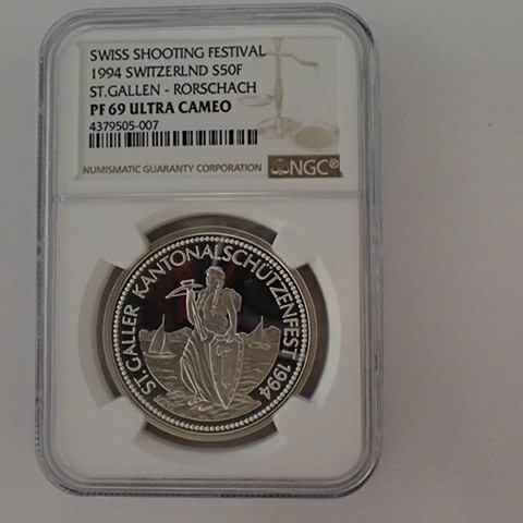 スイス 1994年 現代射撃祭 50Fr 銀貨 NGC PF69UC