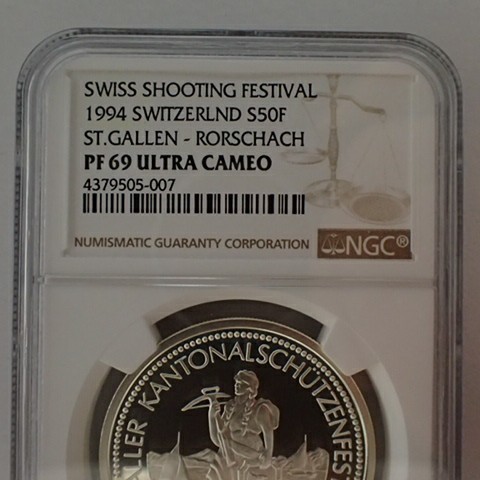 スイス 1994年 現代射撃祭 50Fr 銀貨 NGC PF69UC