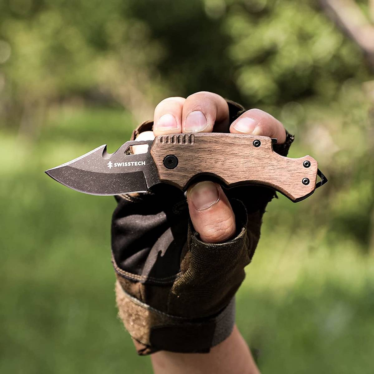 【新品 送料無料】Swiss+Tech ナイフ ポケットナイフ 折りたたみ式 天然ウッドハンドル タクティカルナイフ アウトドア サバイバルナイフ