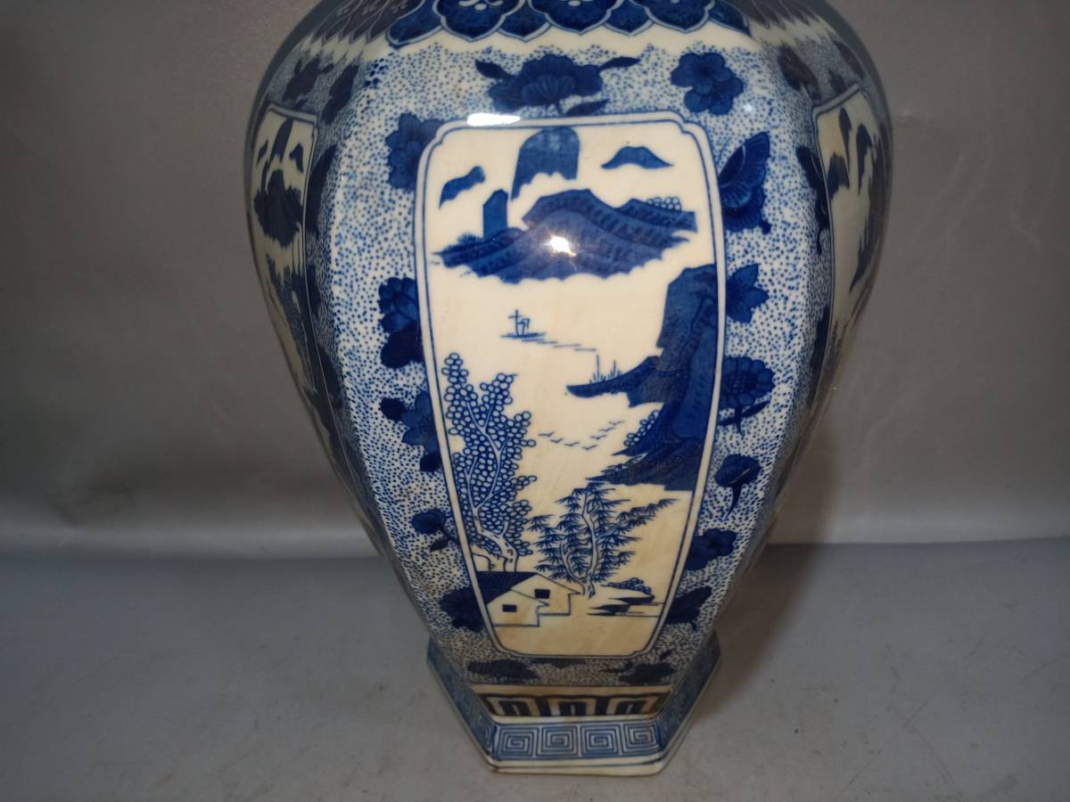 典藏*陶瓷器*清代山水六方瓶】花瓶花器極美品中国時代美術兩點同出