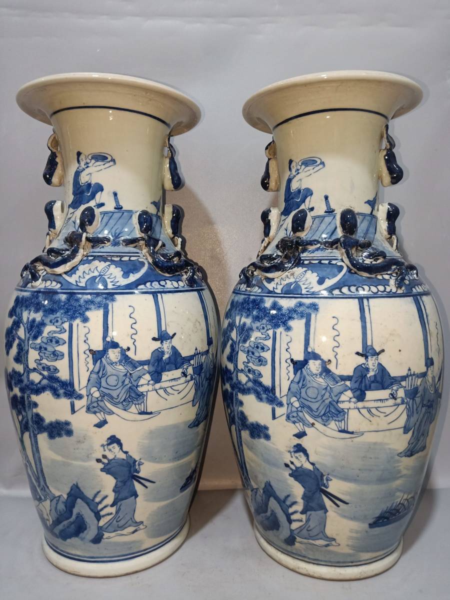 【典藏*陶瓷器*清代 人物蟠龍瓶】花瓶 花器 極美品 中国時代美術 兩點同出