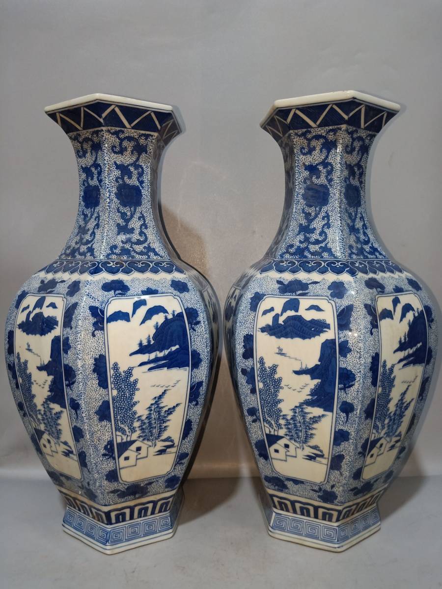 典藏*陶瓷器*清代山水六方瓶】花瓶花器極美品中国時代美術兩點同出