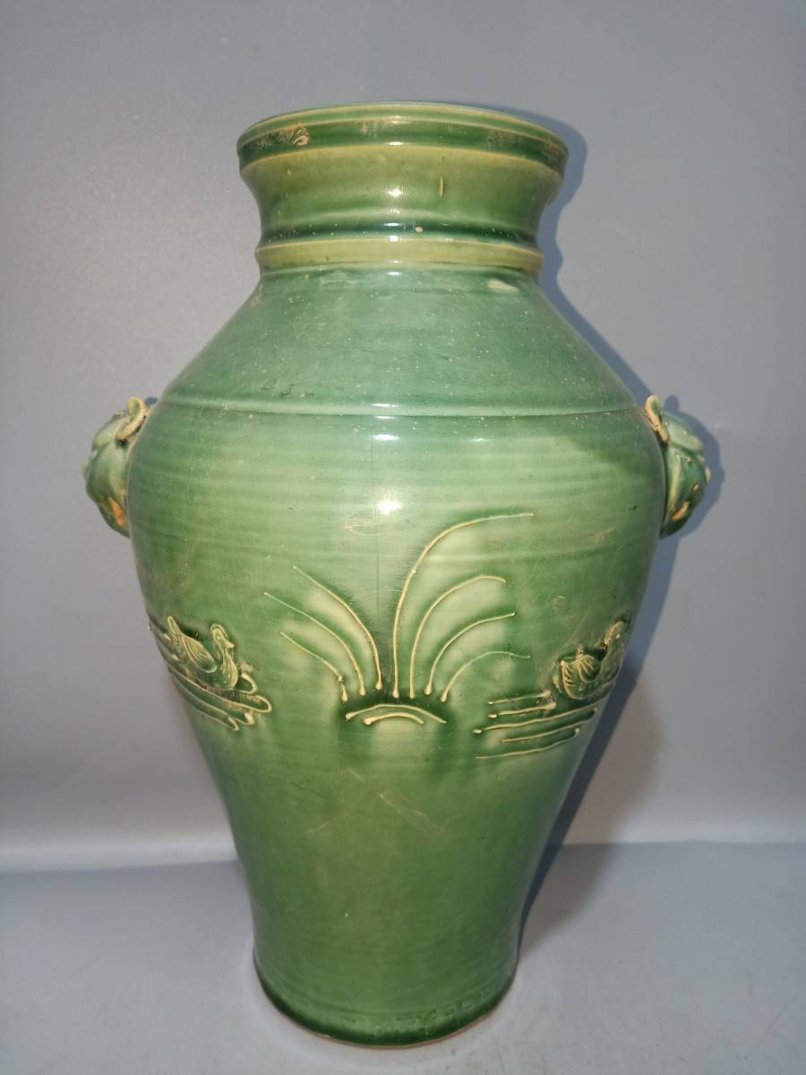 典藏*陶瓷器*宋代吉州窯鴛鴦紋獸耳盤口瓶花瓶花器極美品中国