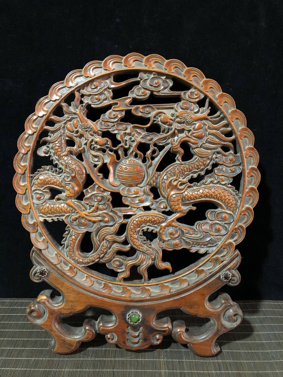 典藏*黄楊木精彫*雙龍戲珠屏風】置物 賞物 極上品 中国古美術-