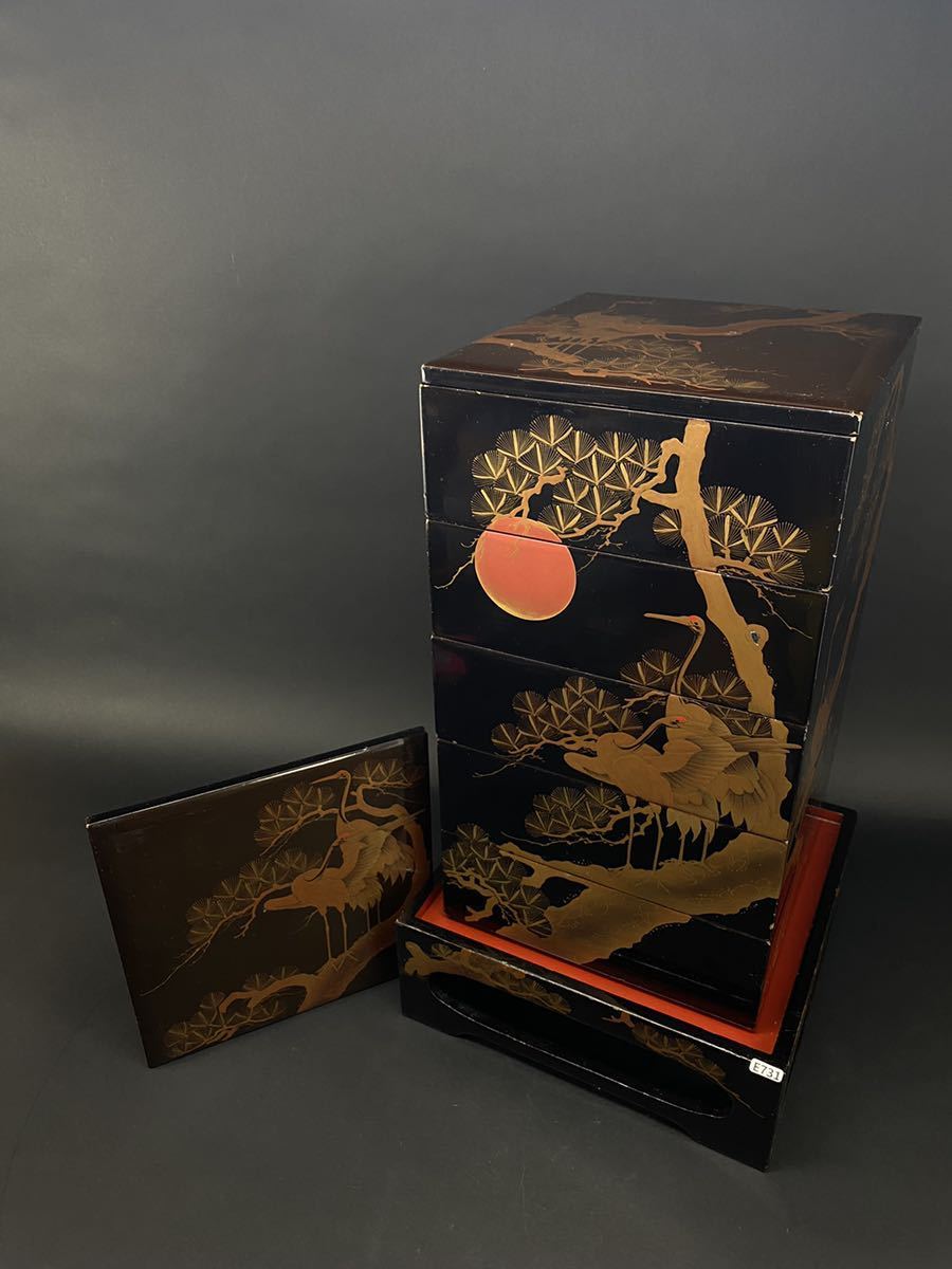 庄梅-E731-140 江戸期 漆器 金蒔絵 螺鈿象嵌 五段重 重箱 供箱付 和
