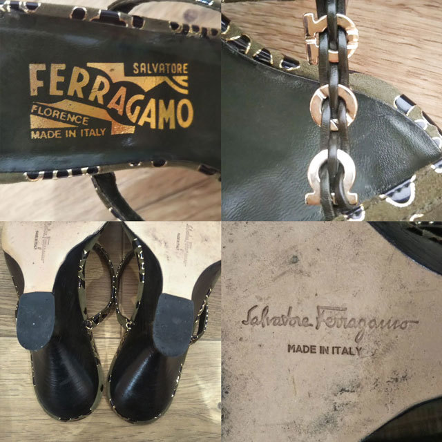 イタリア製 Salvatore Ferragamo サンダル 3.5サイズ モスグリーン系 ウッドヒール フェラガモ レディース 靴_画像8