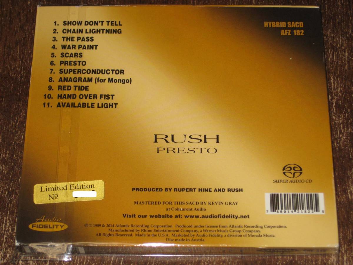 RUSH ラッシュ / PRESTO 2014年発売 Audio Fidelity社 Hybrid SACD 輸入盤の画像2