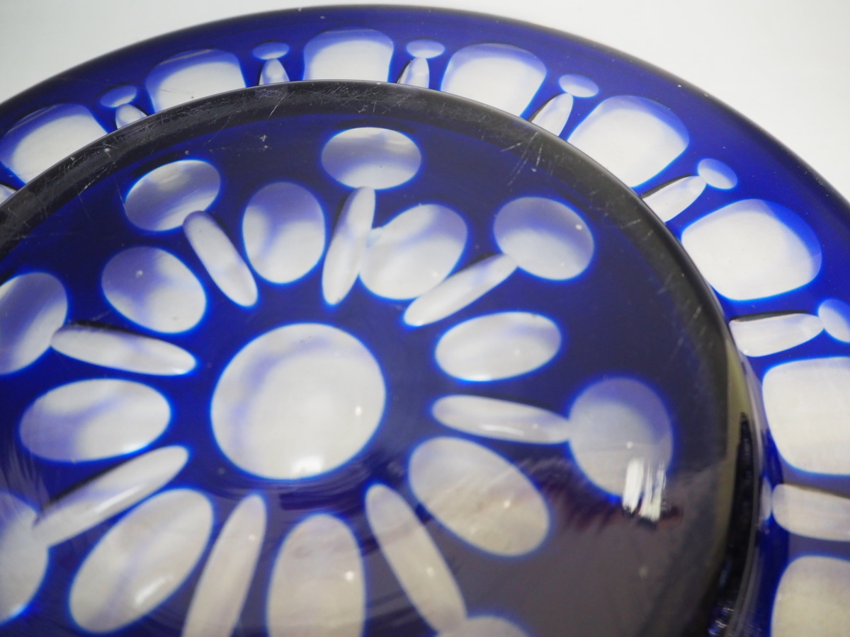 茶道具　水指　硝子　水差し　切子硝子 切子ガラス 藍色 受け皿付き_画像10
