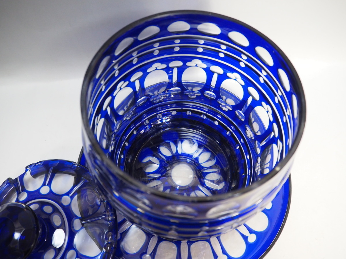 茶道具　水指　硝子　水差し　切子硝子 切子ガラス 藍色 受け皿付き_画像4
