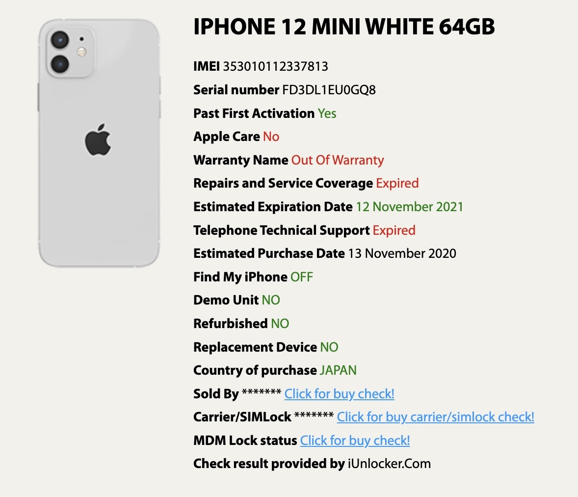 SIMフリー】iPhone12 mini 64GB ホワイト 判定○ 起動・着信しますが